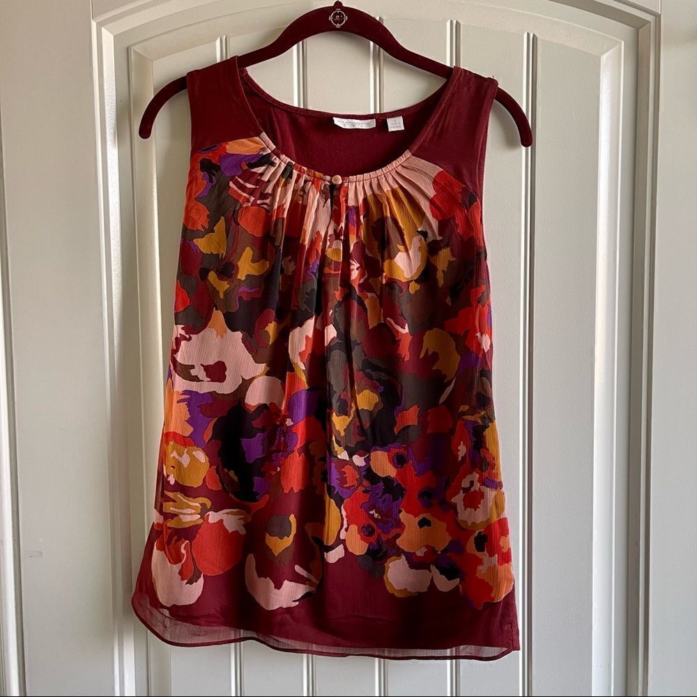 2/$16 New York & Company Burgundy Floral Print Shell Blouse; SZ S;Good Condition